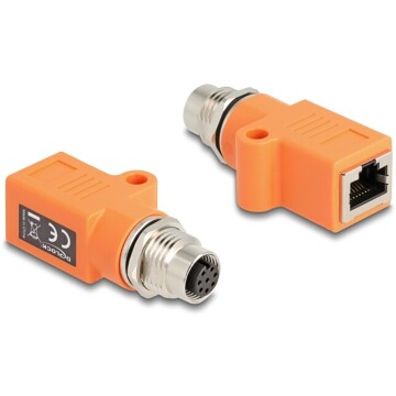 Adapter sieciowy M12 8pin A-coded żeński do RJ-45 żeński z otworem prosty pomarańczowy Delock 60618