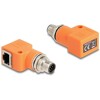 Delock Adapter M12 A-coded 8 pin męski na RJ45 żeński Cat.5e z otworem montażowym 90° kątowy pomarańczowy