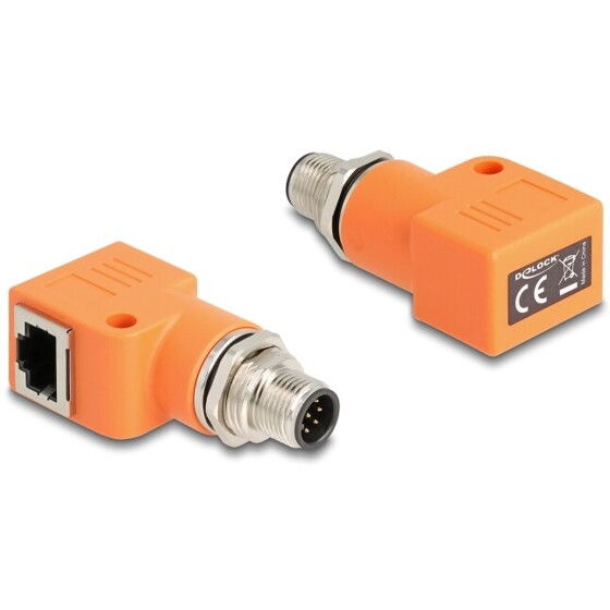 Adapter sieciowy M12 8pin A-coded męski do RJ-45 żeński z otworem kątowy pomarańczowy Delock 60627