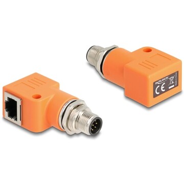 Adapter sieciowy M12 8pin A-coded męski do RJ-45 żeński z otworem kątowy pomarańczowy Delock 60627
