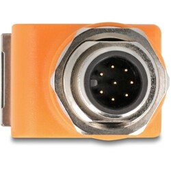 Adapter sieciowy M12 8pin A-coded męski do RJ-45 żeński z otworem kątowy pomarańczowy Delock 60627