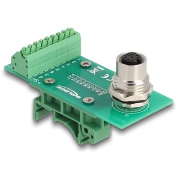 Adapter M12 8pin żeński A-coded na szynę DIN blok zacisków 9pin Delock 60659