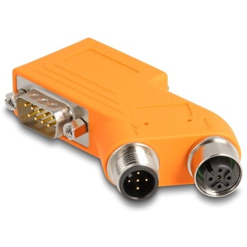 Adapter DB9 2x M12 A-coded męski żeński 5pin rozdzielacz magistrali CAN kątowy pomarańczowy Delock 60667