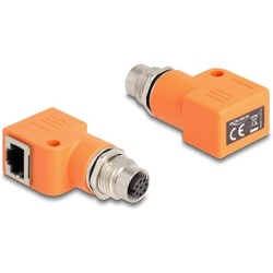 Delock Adapter M12 A-coded 8 pin żeński na RJ45 żeński Cat.5e z otworem montażowym 90° kątowy pomarańczowy