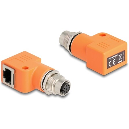 Delock Adapter M12 A-coded 8 pin żeński na RJ45 żeński Cat.5e z otworem montażowym 90° kątowy pomarańczowy