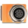Adapter sieciowy M12 8pin A-coded żeński do RJ-45 żeński z otworem kątowy pomarańczowy Delock 60668