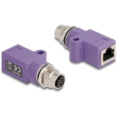 Delock Adapter M12 D-coded 4 pin żeński na RJ45 żeński Cat.5e z otworem montażowym prosty fioletowy