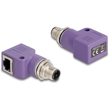 Delock Adapter M12 D-coded 4 pin męski na RJ45 żeński Cat.5e z otworem montażowym 90° kątowy fioletowy