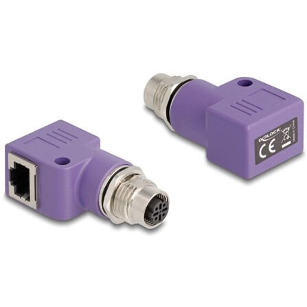 Delock Adapter M12 D-coded 4 pin żeński na RJ45 żeński Cat.5e z otworem montażowym 90° kątowy fioletowy