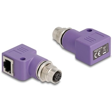 Adapter sieciowy M12 4pin D-coded żeński do RJ-45 żeński z otworem kątowy fioletowy Delock 60680
