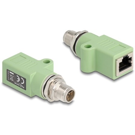 Delock Adapter M12 X-coded 8 pin męski na RJ45 żeński Cat.5e z otworem montażowym prosty zielony