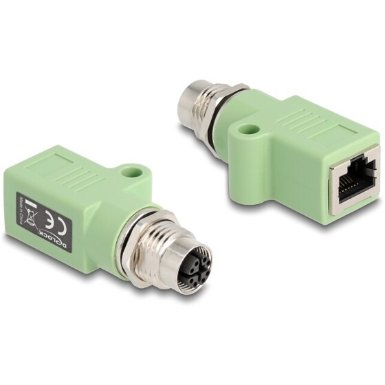 Adapter sieciowy M12 8pin X-coded żeński do RJ-45 żeński z otworem prosty zielony Delock 60682