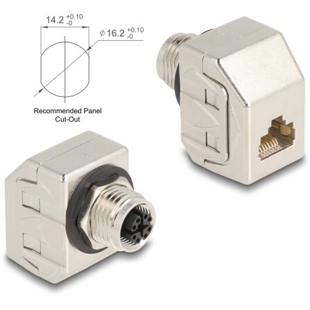 Delock Adapter M12, 8-pinowe złącze żeńskie z kodowaniem X na żeńskie złącze RJ45 Cat.6A, metalowe STP