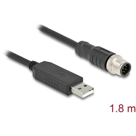 Delock Kabel połączenia szeregowego M12 z chipsetem FTDI, USB 2.0 Typ-A męski na M12 RS-232 męski 8-pinowy, kodowanie A, 1,8 m, 