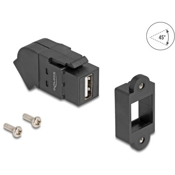 Złącze USB 2.0 Typu-A do montażu panelowego żeńskie do żeńskiego Typu-A pod kątem 45° czarne Delock 67150