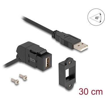 Złącze USB 2.0 Typu-A do montażu panelowego żeńskie do męskiego Typu-A pod kątem 45° z przewodem 30 cm czarne Delock 67151