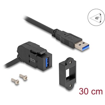 Złącze USB 5 Gbps Typu-A do montażu panelowego żeńskie do męskiego Typu-A pod kątem 45° z przewodem 30 cm czarne Delock 67153