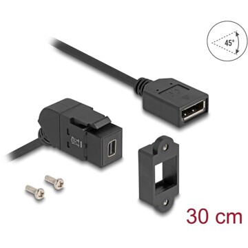 Mocowanie panelowe Mini DisplayPort żeńskie do żeńskiego DisplayPort kątowe 45° z przewodem 30 cm 8K 30 Hz czarne Delock 67155