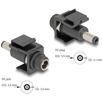 Moduł Keystone DC 5.5 x 2.5 mm wtyk żeński do wtyku DC 5.5 x 2.1 mm męski czarny Delock 84164