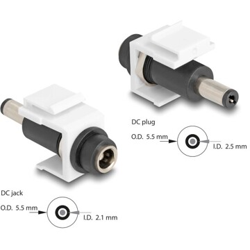 Moduł Keystone DC 5.5 x 2.1 mm wtyk żeński do wtyku DC 5.5 x 2.5 mm męski biały Delock 84175
