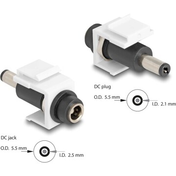 Moduł Keystone DC 5.5 x 2.5 mm wtyk żeński do wtyku DC 5.5 x 2.1 mm męski biały Delock 84176