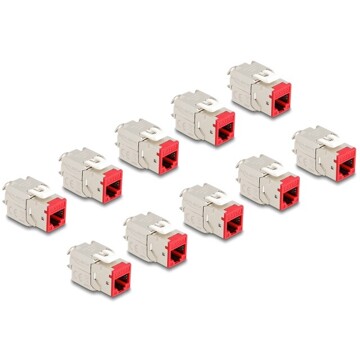 Moduł Keystone RJ45 żeńskie do LSA Cat.6A zestaw beznarzędziowy czerwony 10 sztuk Delock 88115