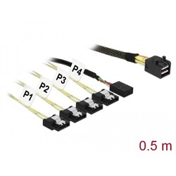 Przewód Mini SAS SFF-8643  4 x 7-pinowe SATA, + sygnał jednowstęgowy, 0,5 m metal Delock 83315