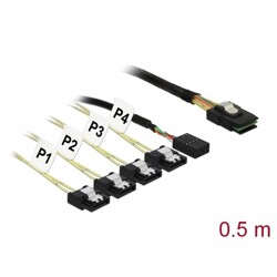 Przewód Mini SAS SFF-8087  4 x 7-pinowe SATA, sygnał wstecz + sygnał jednowstęgowy, 0,5 m Delock 83318