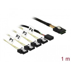 Przewód Mini SAS SFF-8087  4 x 7-pinowe SATA, sygnał wstecz + sygnał jednowstęgowy, 1 m Delock 83319