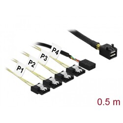 Przewód Mini SAS HD SFF-8643  4 x 7-pinowe SATA, sygnał wstecz + sygnał jednowstęgowy, 0,5 m Delock 83320