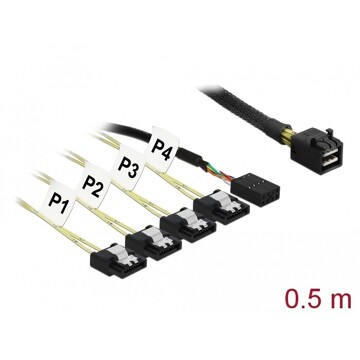 Przewód Mini SAS HD SFF-8643  4 x 7-pinowe SATA, sygnał wstecz + sygnał jednowstęgowy, 0,5 m Delock 83320