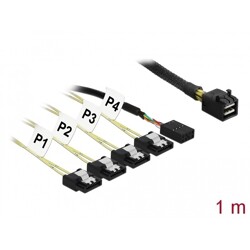 Przewód Mini SAS HD SFF-8643  4 x 7-pinowe SATA, sygnał wstecz + sygnał jednowstęgowy, 1 m Delock 83322