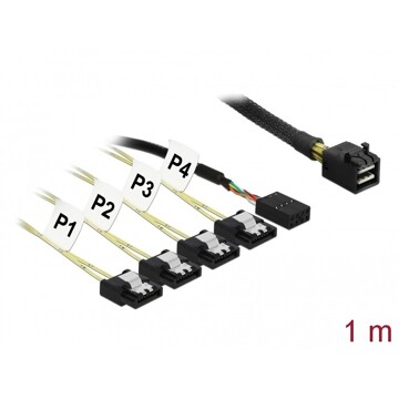 Przewód Mini SAS HD SFF-8643  4 x 7-pinowe SATA, sygnał wstecz + sygnał jednowstęgowy, 1 m Delock 83322