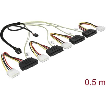Przewód Mini SAS HD SFF-8643  4 x SAS SFF-8482 + zasilanie + sygnał jednowstęgowy, 0,5 m Delock 83390