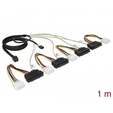 Przewód Mini SAS HD SFF-8643  4 x SAS SFF-8482 + zasilanie + sygnał jednowstęgowy, 1 m Delock 83391
