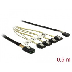 Przewód Mini SAS SFF-8087  4 x 7-pinowe SATA, + sygnał jednowstęgowy, 0,5 m metal Delock 85674