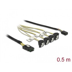 Przewód Mini SAS SFF-8087  4 x 7-pinowe żeńskie SATA kątowy 90° + sygnał jednowstęgowy, 0,5 m Delock 85683