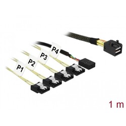 Kabel Mini SAS HD SFF-8643  4 x SATA 7 Pin + Sideband 1 m Metall Delock 85732