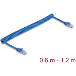 Kabel sieciowy spiralny RJ45 męski na męski Cat.6 UTP 0,6 m do 1,2m niebieski Delock 90197