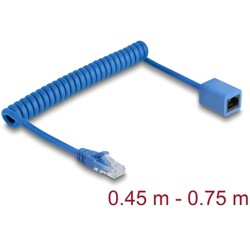 Kabel sieciowy spiralny RJ45 męski na żeński Cat.6 UTP 0,45m do 0,75m niebieski Delock 90364