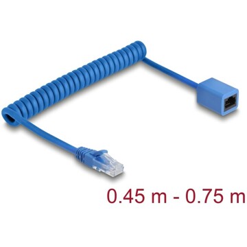 Kabel sieciowy spiralny RJ45 męski na żeński Cat.6 UTP 0,45m do 0,75m niebieski Delock 90364