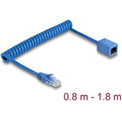 Kabel sieciowy spiralny RJ45 męski na żeński Cat.6 UTP 0,8 m do 1,8 m niebieski Delock 90366
