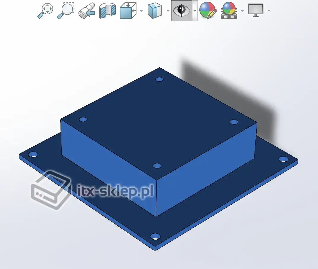 Model 3D bloku cieplnego do przemysłowego komputera fanless Blok cieplny z aluminium do komputera przemysłowego fanless – model CAD 3D z otworami montażowymi